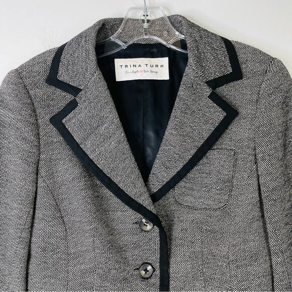 Trina Turk black white silk wool button preppy academia office blazer medium - Picture 2 of 8